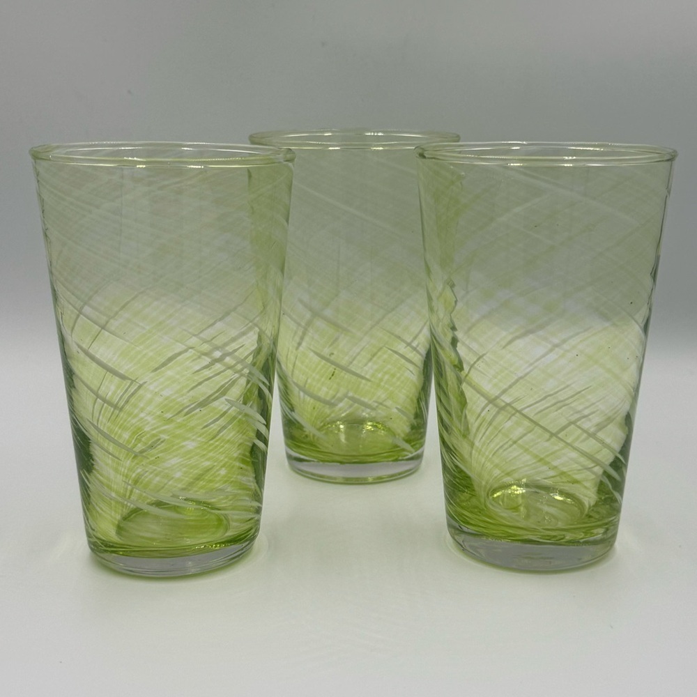 Lime Green Hand Blown Tumblers with White Striations. Set of 3